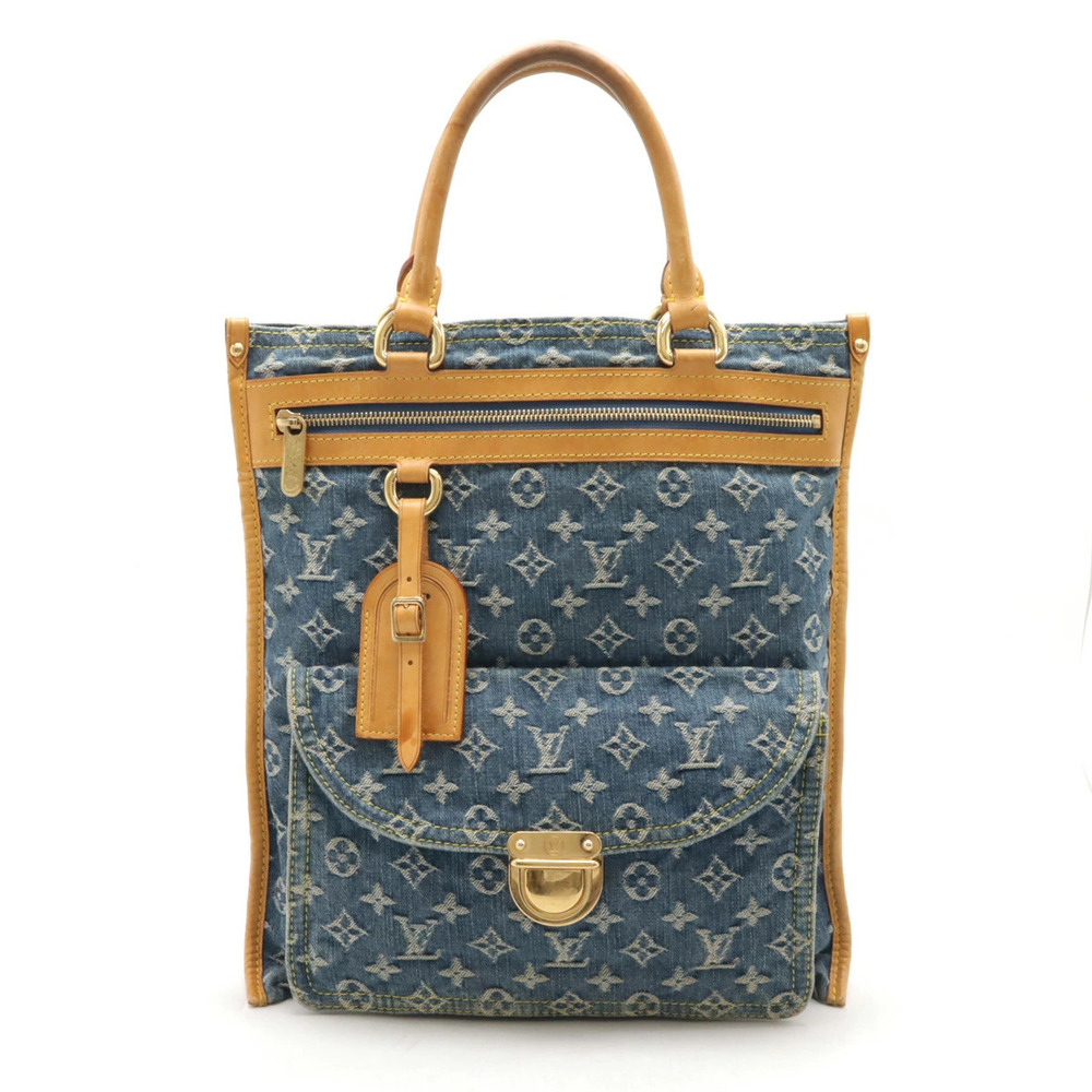LOUIS VUITTON Monogram Denim Flat Shopper Tote Bag Handbag gusset blue